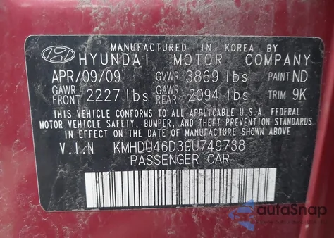 2009 Hyundai Elantra Gls z USA, uszkodzony, nr VIN KMHDU46D39U749738